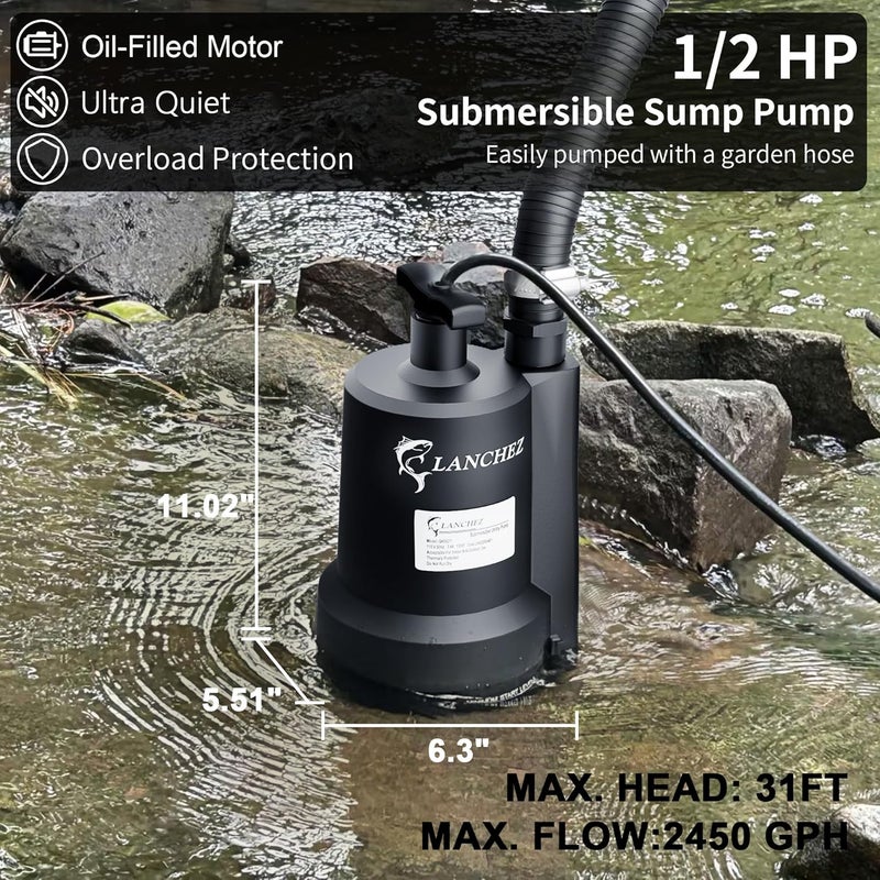 LANCHEZ Sump Pump, 1/2 HP 2450GPH Submersible Water Pump, Thermoplastic Portable Electric Transfer Pump Utility Pump for Hot Tub Swimming Pool Basement Garden Pond Tubs Draining with 10FT Cord, Manual - Image 2